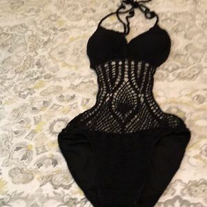 Black crocheted one piece bathing suit